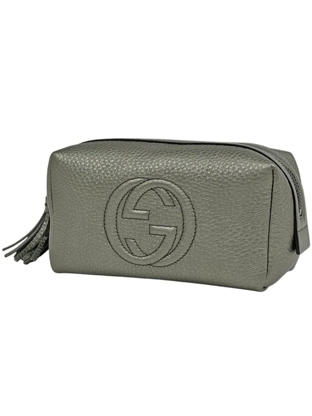 Gucci Makeup Pouch Soho Interlocking G Fringe Leather Beige